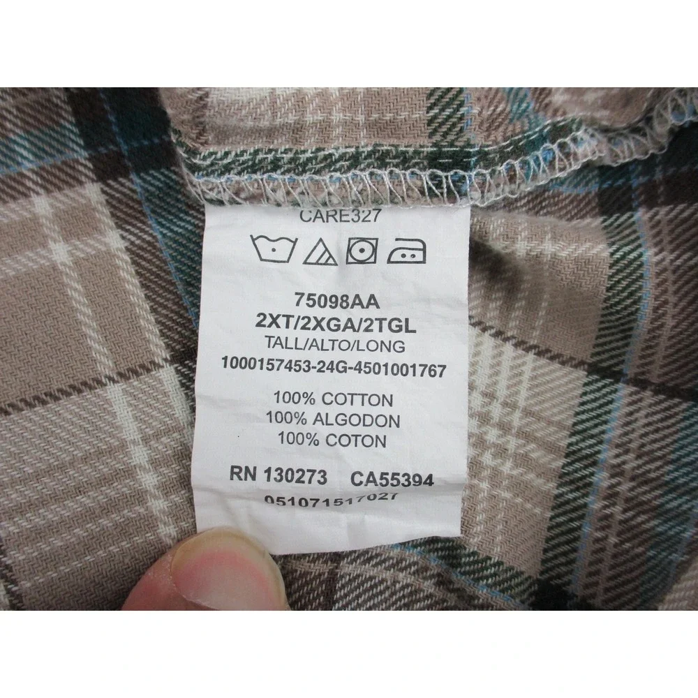 Wrangler Shirt Mens 2XL XXL Tall Beige Blue Plaid Flannel Pearl Snap Western